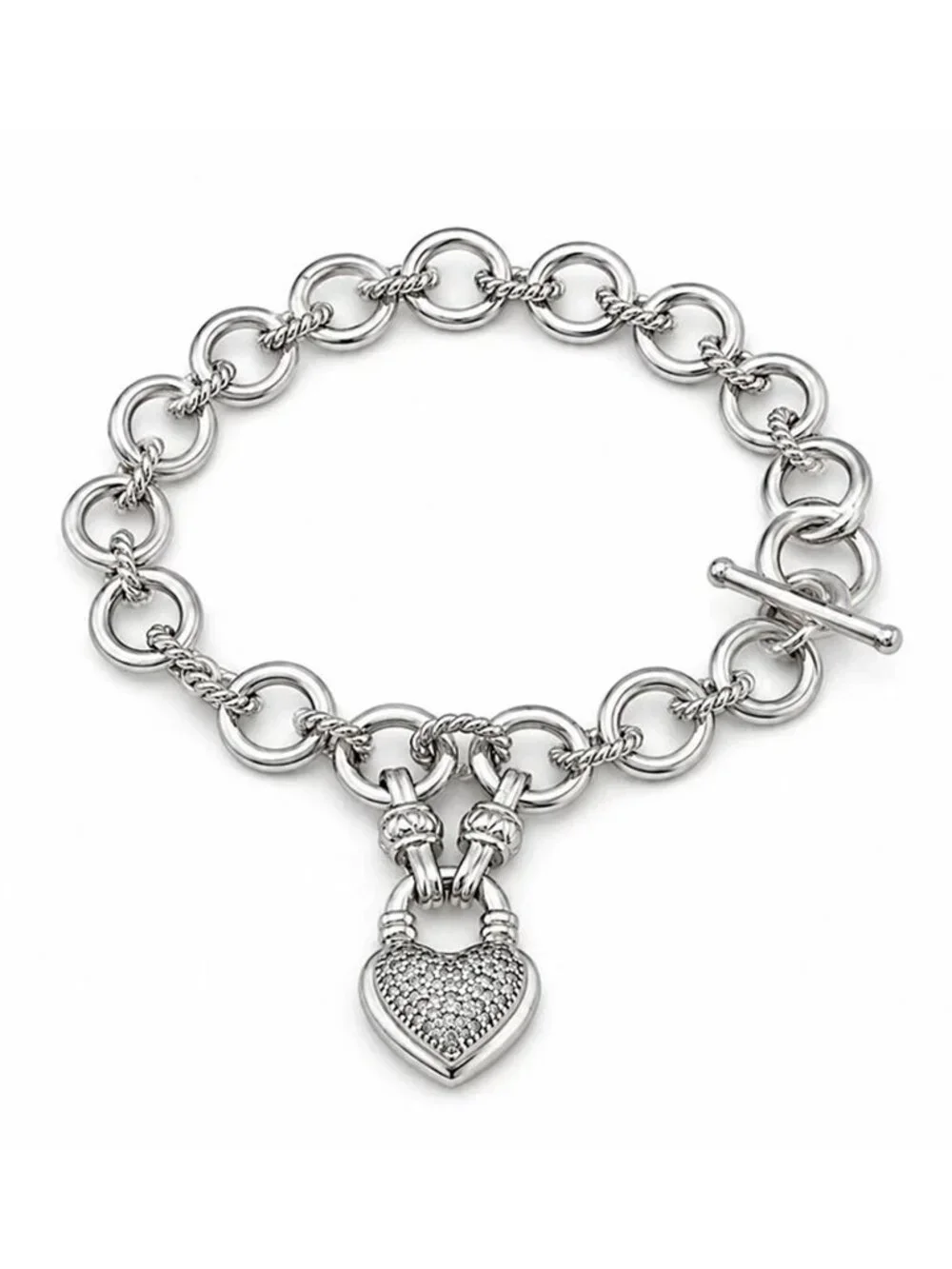Genuine Diamonds Link Heart Charm Bracelet Solid .925 Silver